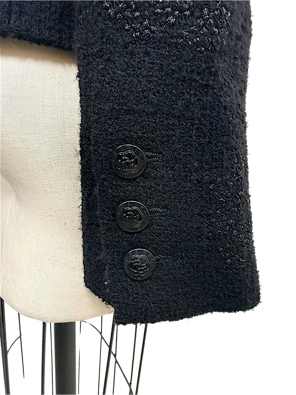 Chanel Cruise 2003 Black Camellia Bouclé Zip Jacket FR36